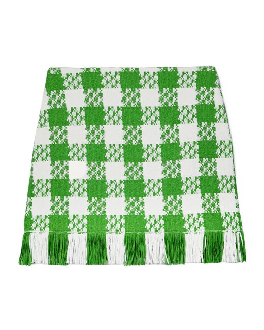 Oscar de la Renta Green Fringed Checked Cotton-Blend Tweed Mini Skirt