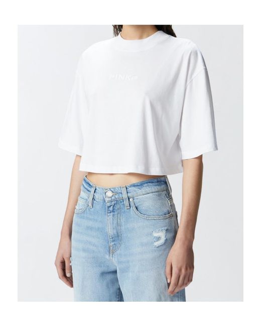 Pinko White Logo Embroidered Crewneck T-Shirt