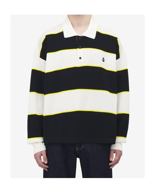 McQueen Black Skull Embroidered Knitted Striped Polo Shirt for men