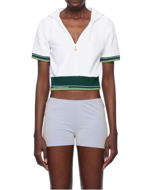 Casablanca White Tennis Textured Velour Cropped Hooded Top