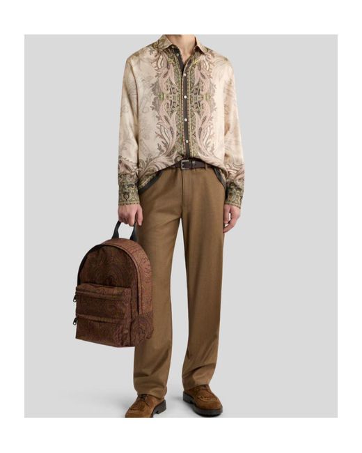 Etro Brown Silk Twill Shirt With Placed Pegaso Print for men