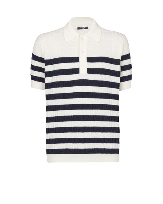 Balmain Blue Striped Knit Polo Shirt With Monogram for men