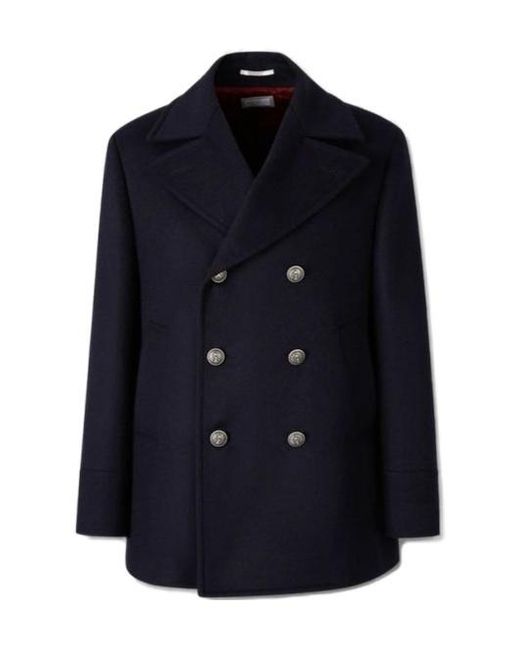 Brunello Cucinelli Blue Double-Breasted Straight Hem Coat for men