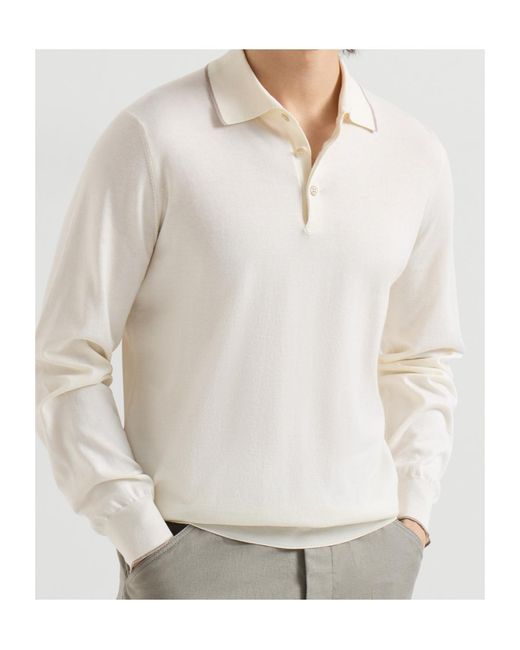 Brunello Cucinelli White Sea Island Lightweight Knit Polo Shirt for men