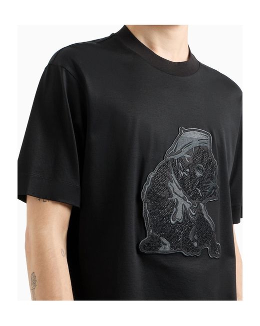 Emporio Armani Black Motif Embroidered Crewneck T-Shirt for men