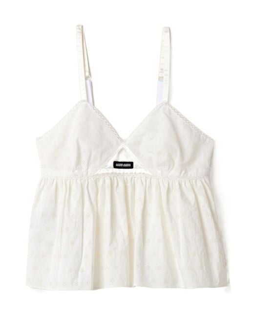 Miu Miu White Slubbed Eyelet Poplin Top