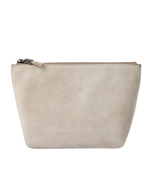 Brunello Cucinelli White Suede Pouch With Shiny Zipper Pull