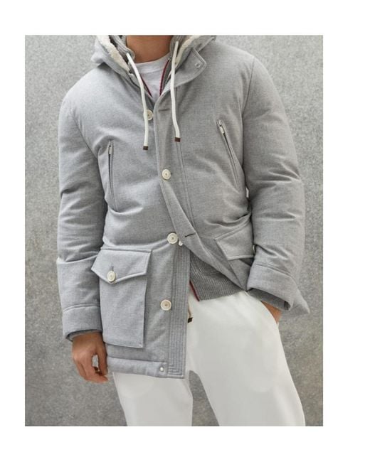Brunello Cucinelli Gray Padded Hooded Mid-Length Jacket for men