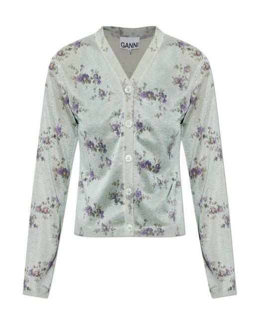 Ganni Gray Floral Motif Knitted Cardigan
