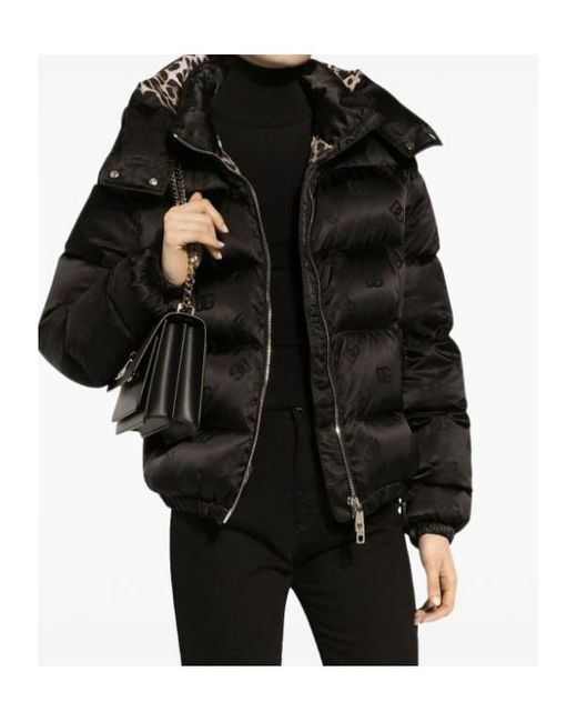 Dolce & Gabbana Black Padded Satin Jacquard Down Jacket With All-Over Dg Logo