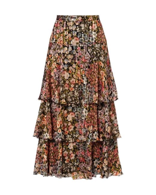Valentino Multicolor Floral Plissé Tiered Silk Maxi Skirt