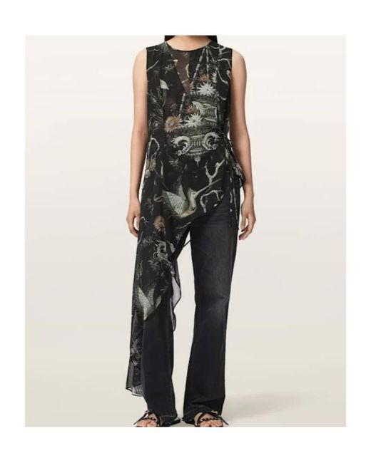 AllSaints Black Asymmetric Print Wrap Top