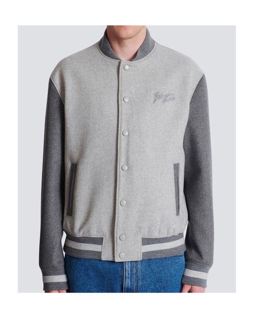 Balmain Gray Logo Embroidered Varsity Jacket for men