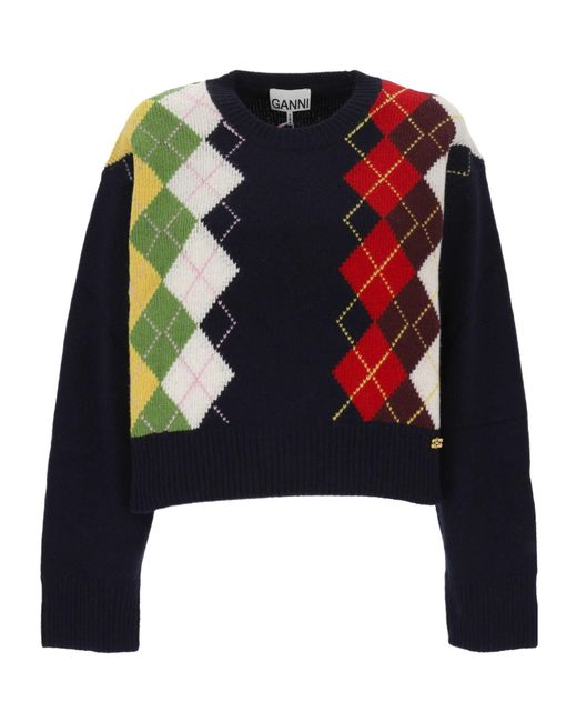 Ganni Blue Crew Neck Long-Sleeved Knitwear
