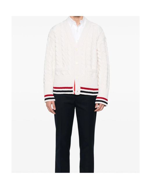 Thom Browne White V-Neck Long-Sleeved Knitted Sweater for men
