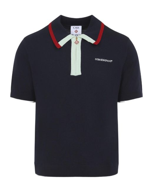 Casablanca Blue Logo Embroidered Knitted Track Polo Shirt for men