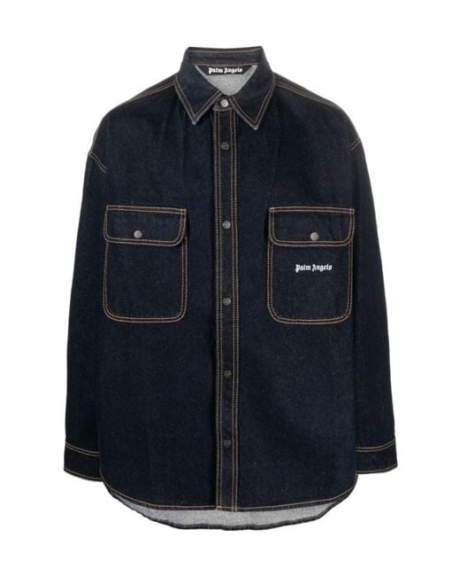 Palm Angels Blue Logo Embroidered Denim Shirt for men