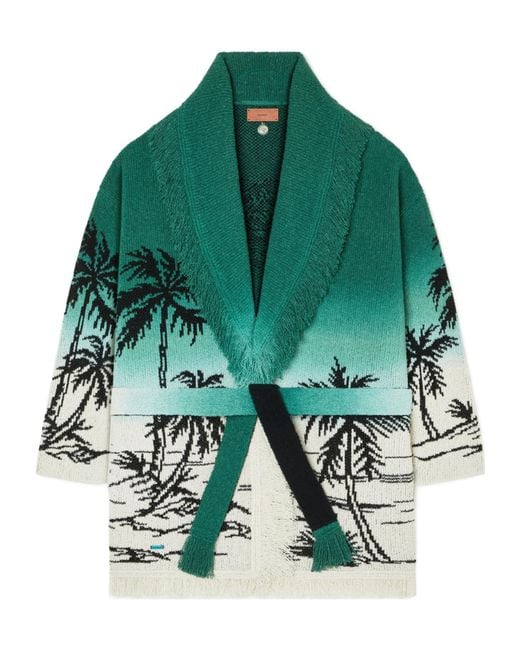 Alanui Green Wave Bloom Fringed Belted Cardigan