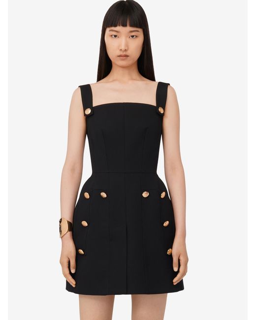 McQueen Black Button Embellished Square-Neck Slip Dress