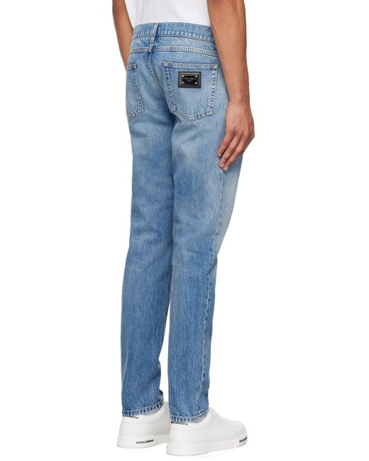 Dolce & Gabbana Blue Logo Plaque Straight Leg Jeans for men