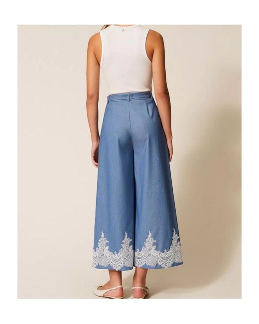Twinset Blue Lace-Detail Palazzo Pants