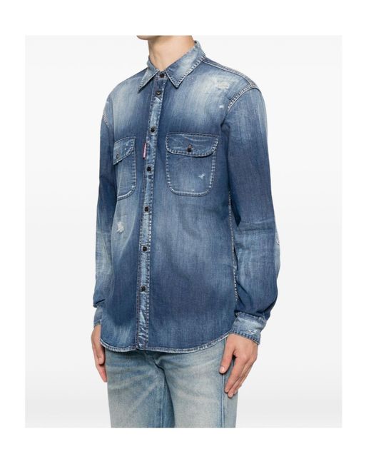 DSquared² Blue Canadian Distressed Denim Shirt for men