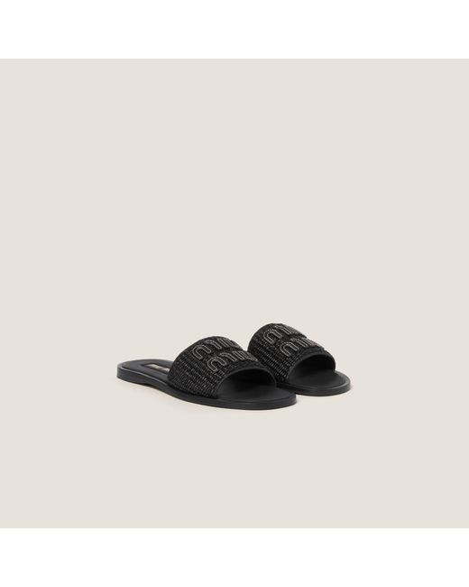 Miu Miu Black Raffia-Effect Woven Fabric Slides