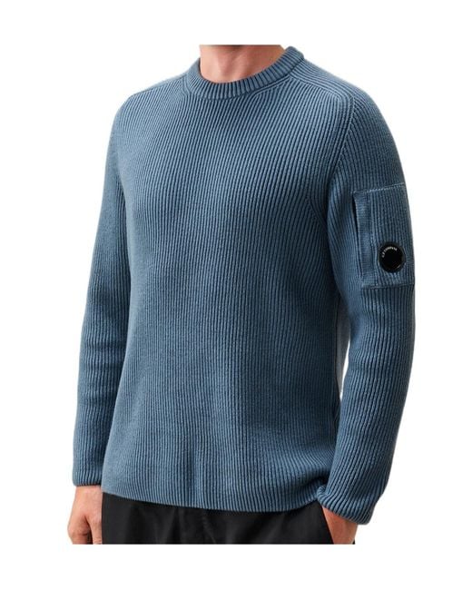 C P Company Blue Full Rib Cotton Lens Crewneck Sweater for men
