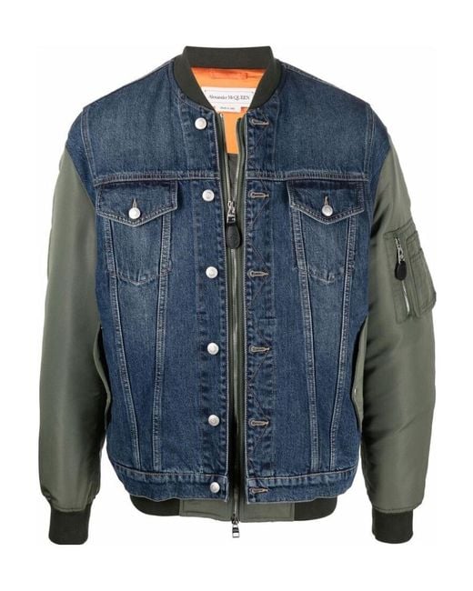McQueen Blue Hybrid Denim Bomber Jacket for men