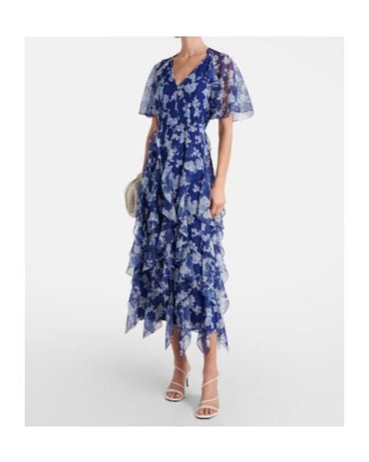 Carolina Herrera Blue Floral Ruffled Chiffon Midi Dress
