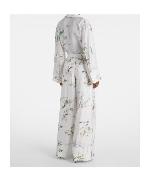 Erdem White Floral Printed Silk Wide-Leg Pants
