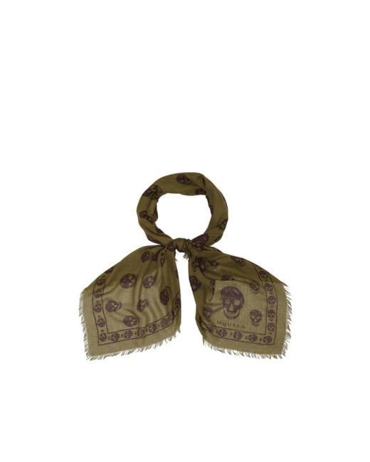 McQueen Green Classic Skull Printed Frayed-Edeg Scarf for men