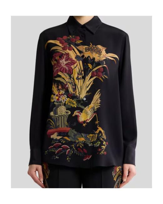 Etro Black Silk Shirt With Placed Front Print
