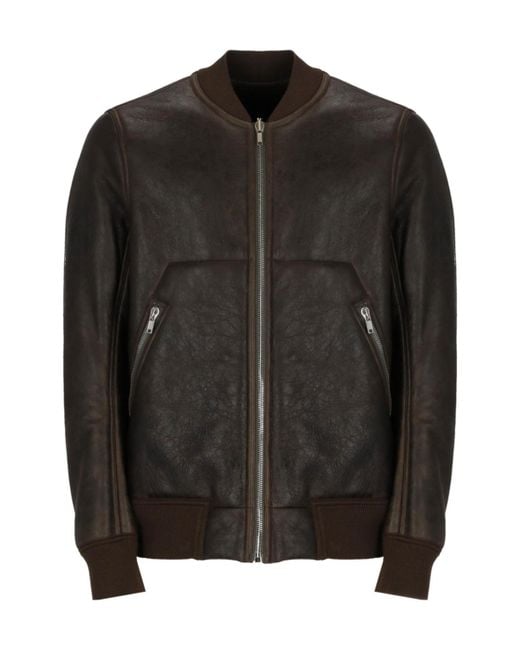 Rick Owens Black Shearling-Lining Leather Bomber Jacket for men