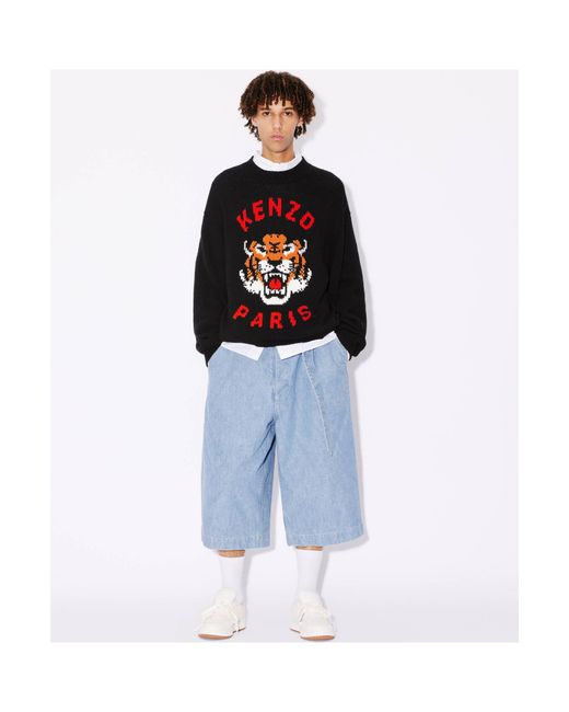 KENZO Black Lucky Tiger Crewneck Knitted Jumper for men