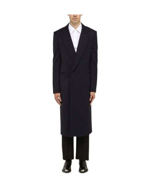 McQueen Blue Single-Breasted V-Neck Coat for men