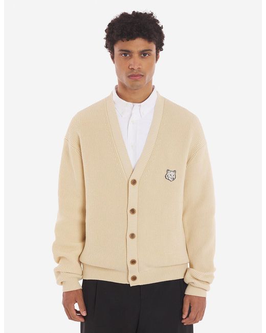 Maison Kitsuné Natural Maison Kitsuné Fox Head Embroidered Knitted Cardigan for men