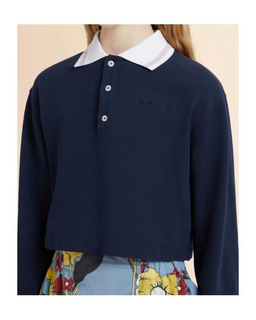 Marni Blue Logo Embroidered Striped-Trim Polo Shirt