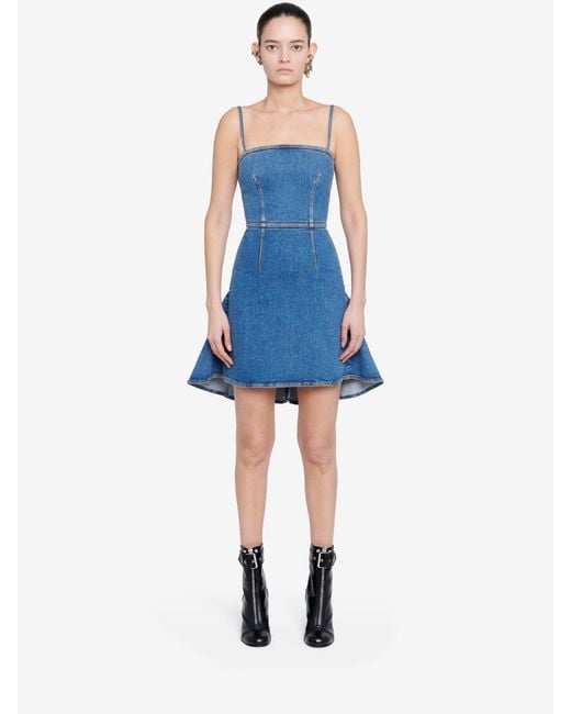 McQueen Blue Spaghetti Strap Denim Mini Dress