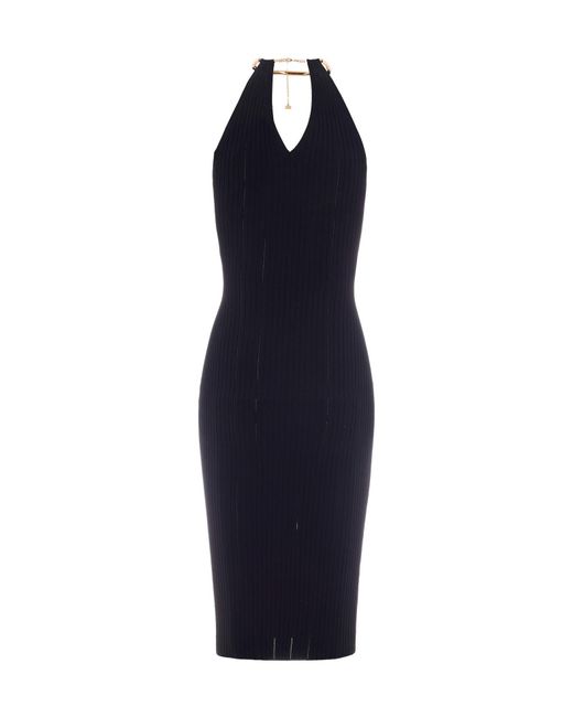 Elisabetta Franchi Blue Openwork Knit Necklace-Detail Dress
