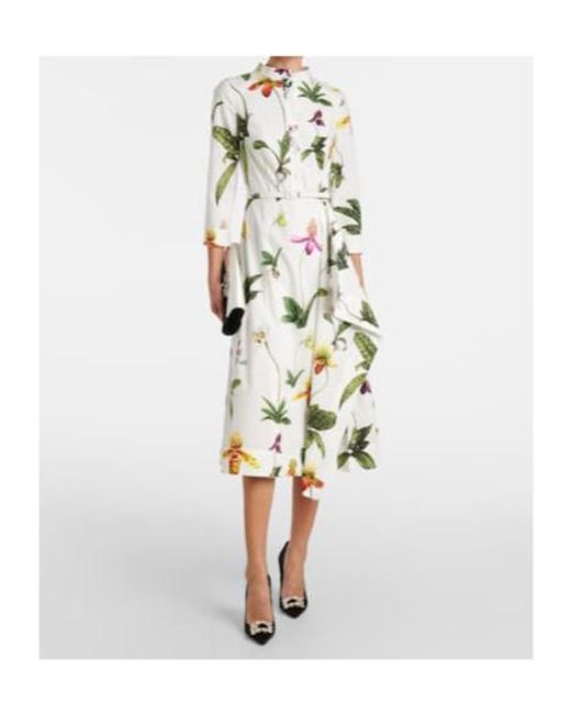 Oscar de la Renta White Floral Pleated Cotton-Blend Poplin Midi Dress