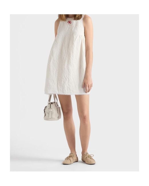 Prada White Embroidered Slubbed Canvas Mini-Dress