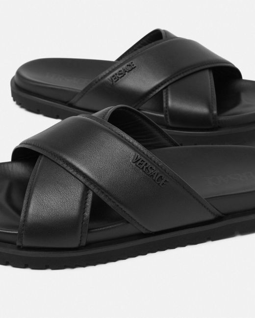Versace Black Logo-Lettering Open-Toe Slides for men