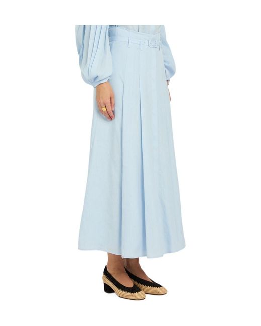 Gabriela Hearst Blue Belted Pleated Linen Midi Skirt