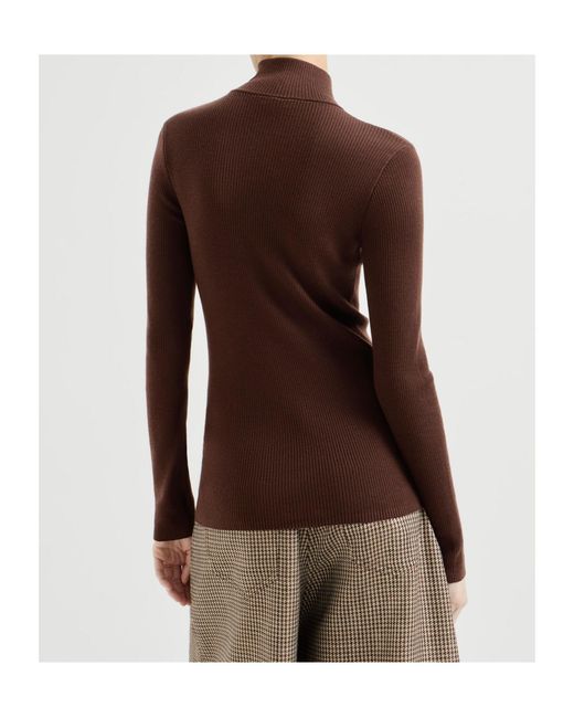 Brunello Cucinelli Brown Virgin Wool And Cashmere Lightweight Ribbed Turtleneck Sweater With Precious Half-Zip