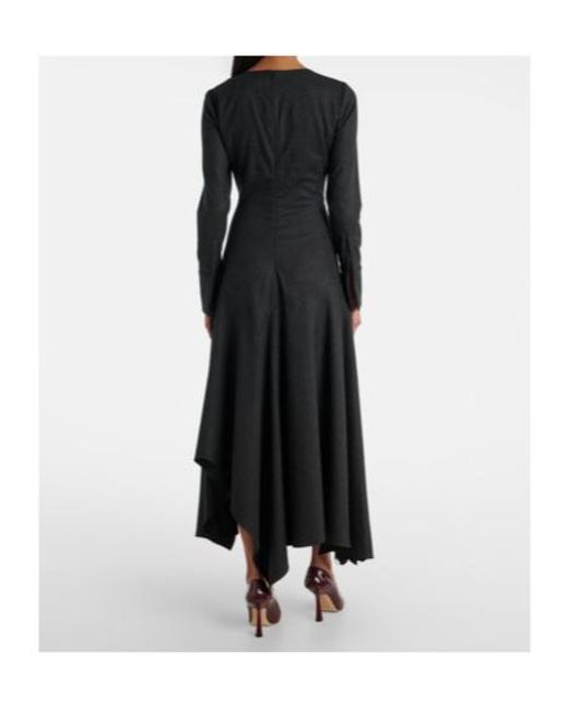 Oscar de la Renta Black Peony Asymmetric Wool Midi Dress