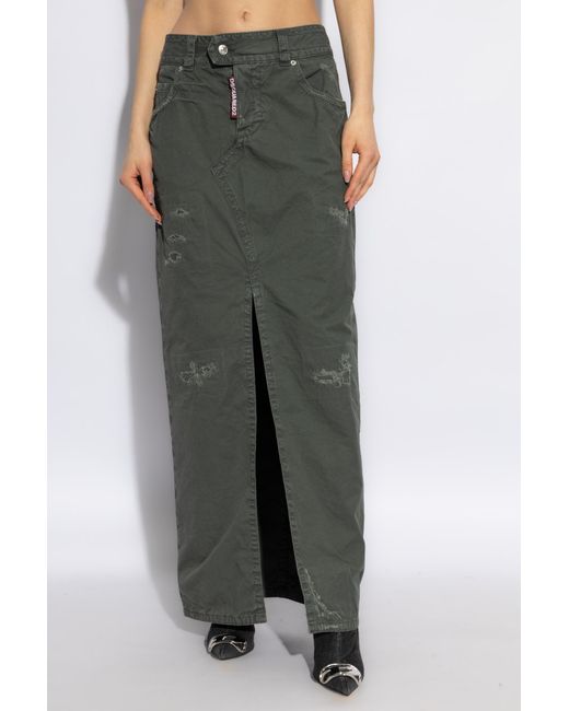 DSquared² Green Slit-Detailed Distressed Maxi Skirt