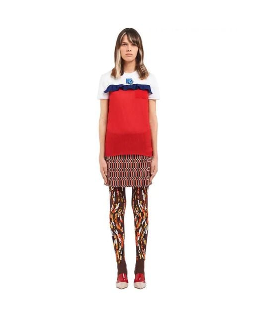 Prada Red Color Matching Design Lotus Leaf Edge T-Shirt