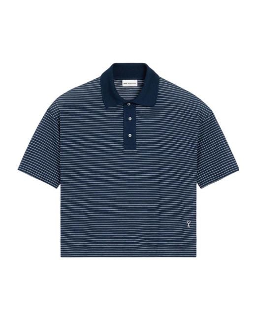 AMI Blue Striped Boxy Fit Polo With "Ami De Coeur" Patc