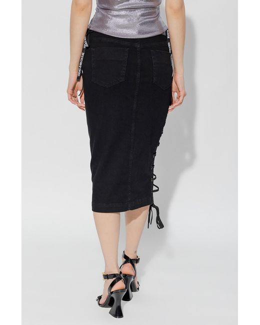 Versace Jeans Black Couture Lace-Up Detailed Midi Denim Skirt